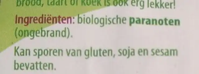 Paranoten ingredients label