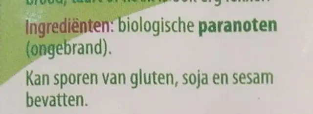 Paranoten ingredients label