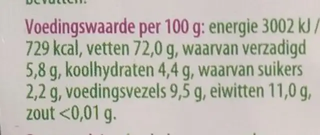 Paranoten nutrition facts table