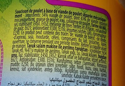 Salam de poulet ingredients label