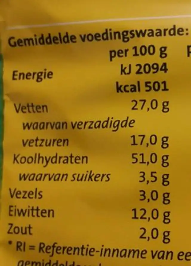 Kaasstengels nutrition facts table