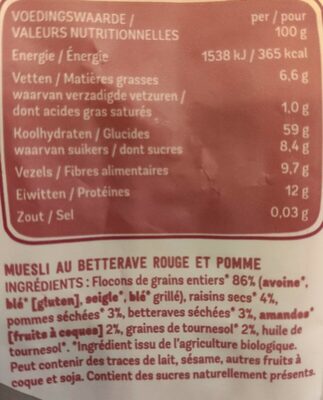 Muesli rode biet & appel nutrition facts table