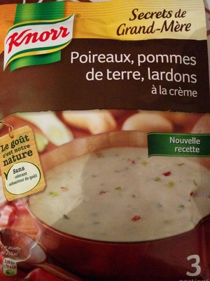 Soupe déshydratée de poireaux, pommes de terre, lardons à la crème front packaging