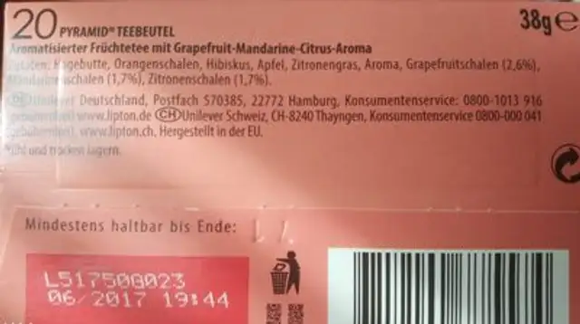 Lipton Fruit Tea - Grapefruit Lemon & Mandarin ingredients label