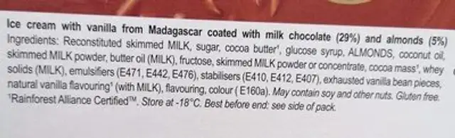 Almond Ice Cream ingredients label