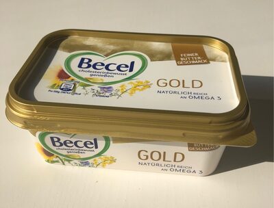 Gold with a fine butter taste With sunflower, canola and linseed oil Margarine 80% front packaging