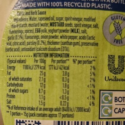 Garlic and Herb Sauce imp ingredients label