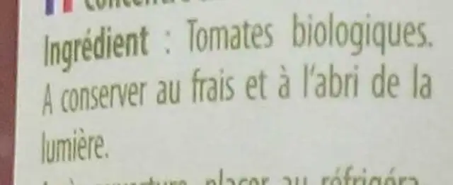 Concentré de tomates ingredients label
