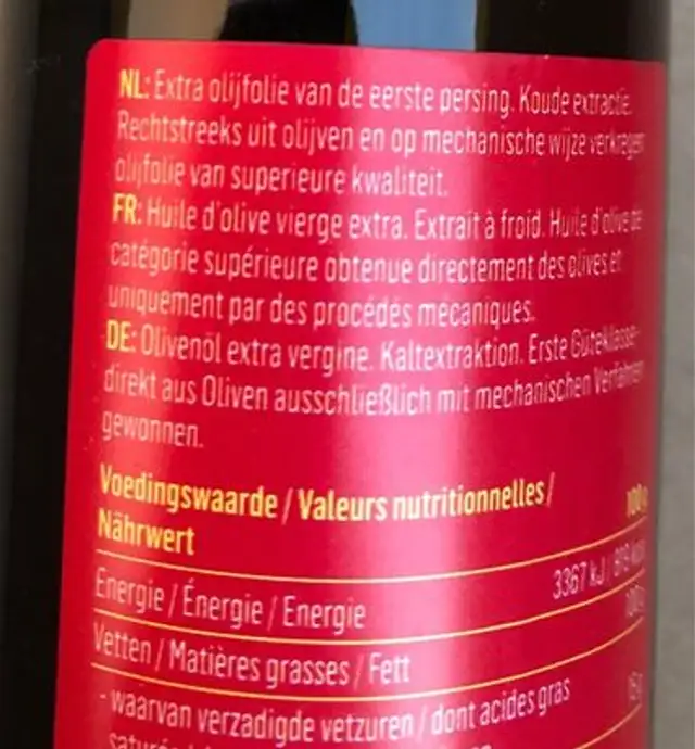Olia d’oliva ingredients label
