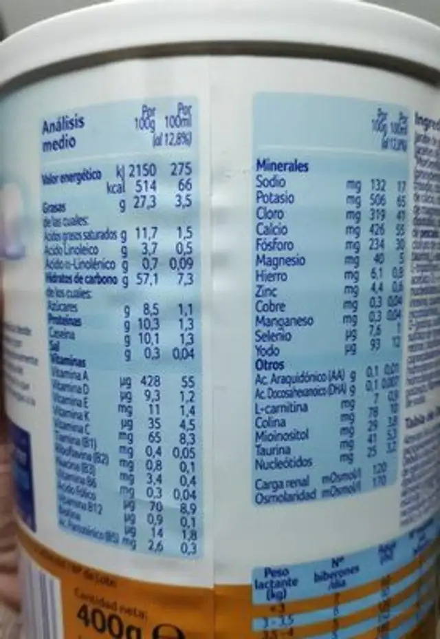 Almirón sin lactosa nutrition facts table