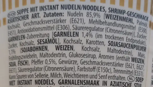 CUP NOODLES Crevettes ingredients label
