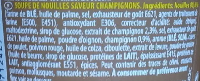 Cup Noodles Champignons ingredients label