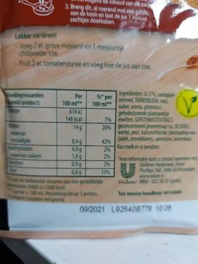 Soße mit Zwiebel nutrition facts table