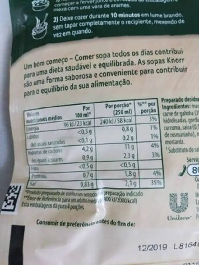 Canja de Galinha nutrition facts table