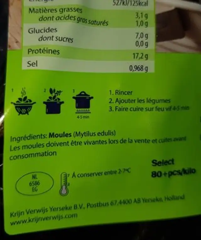 Moules ingredients label