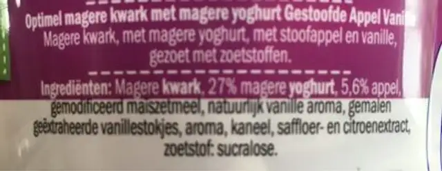Magere kwark met yoghurt Moccachino ingredients label