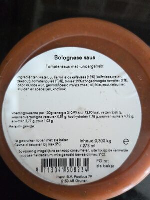Bolognese Saus nutrition facts table