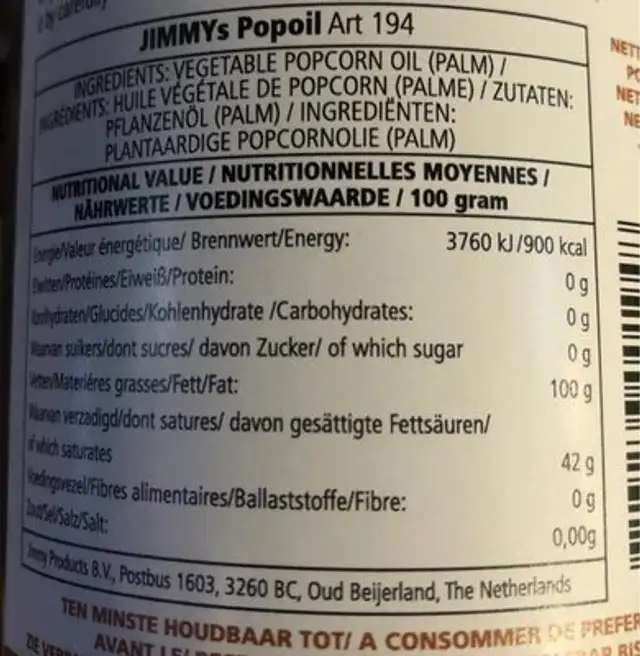 Popcorn oil nutrition facts table