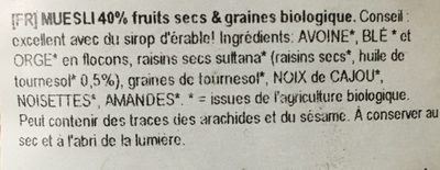 Muesli ingredients label
