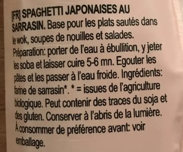 Spaghetti Soba Sarrasin ingredients label