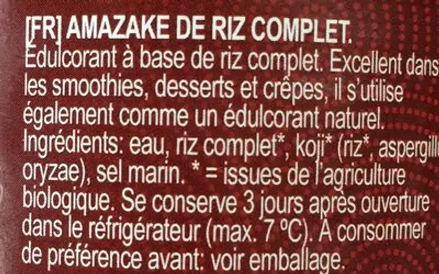 Amazake brown rice ingredients label