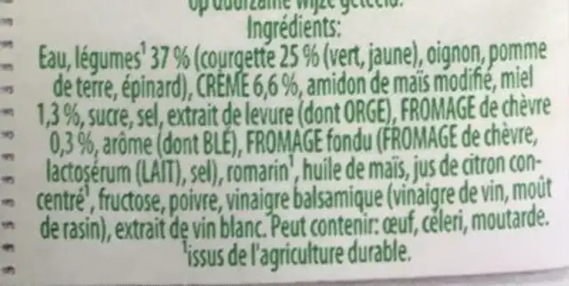 Les Tendances Courgette, Fromage de chèvre et une pointe de miel ingredients label