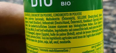 Aromat BIO ingredients label