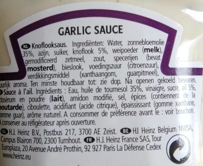 Garlic Sauce ingredients label