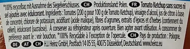 Tomato Ketchup ZERO ingredients label