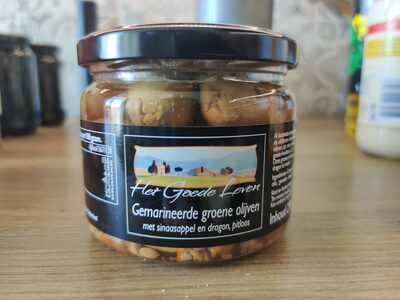 Gemarineerde groene olijven front packaging