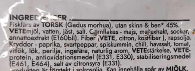 Tex-Mex Fish Nuggets ingredients label