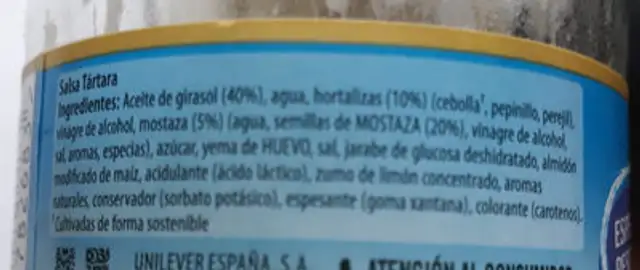 Tartare sauce ingredients label