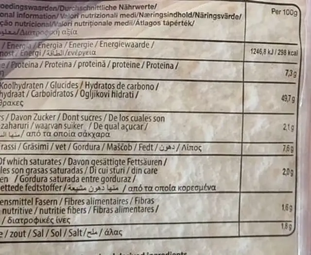 tortillas nutrition facts table
