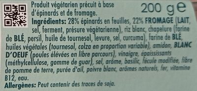 Filet aux épinards et au fromage ingredients label
