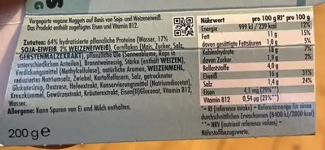 Plant Nuggets nutrition facts table