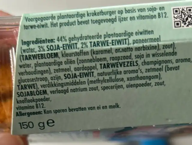 Plantaardige Kroket Burger ingredients label