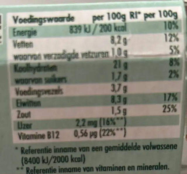 Plantaardige Kroket Burger nutrition facts table