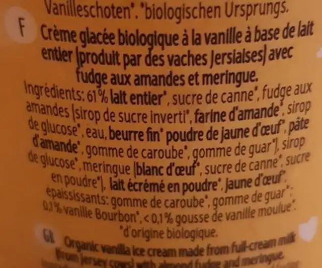 Chilla Vanilla ingredients label