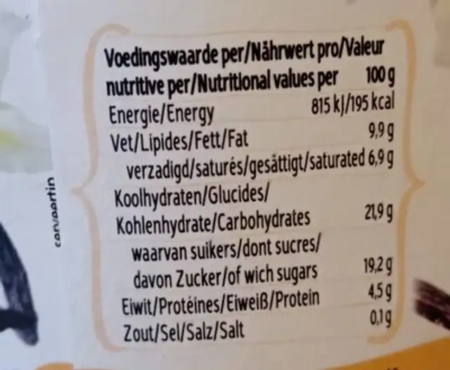 Chilla Vanilla nutrition facts table