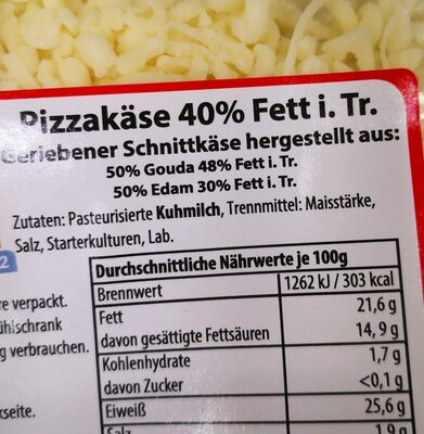 Pizzakäse ingredients label