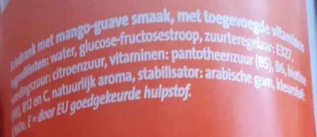 Vitamine drink mango & guave ingredients label