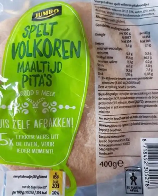 Spelt volkoren maaltijd pita's front packaging