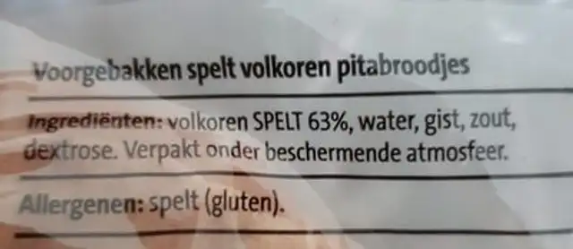 Spelt volkoren maaltijd pita's ingredients label