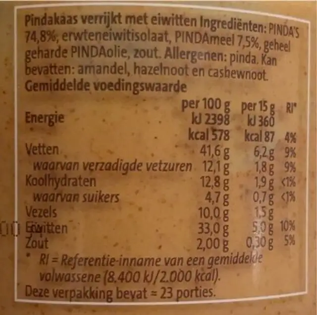 Pinda kaas nutrition facts table