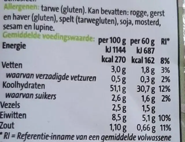 Ciabatta brood nutrition facts table