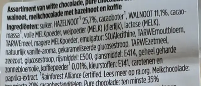 Chocolade-assortiment ingredients label