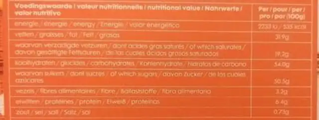 Lettre S en Chocolat nutrition facts table