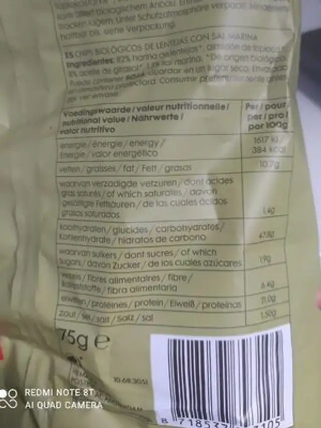 Chips lentilles nutrition facts table