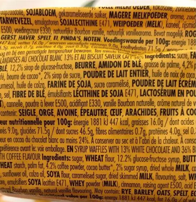 Coffee flavoured nutrition facts table