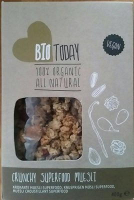 Crunchy superfood muesli front packaging